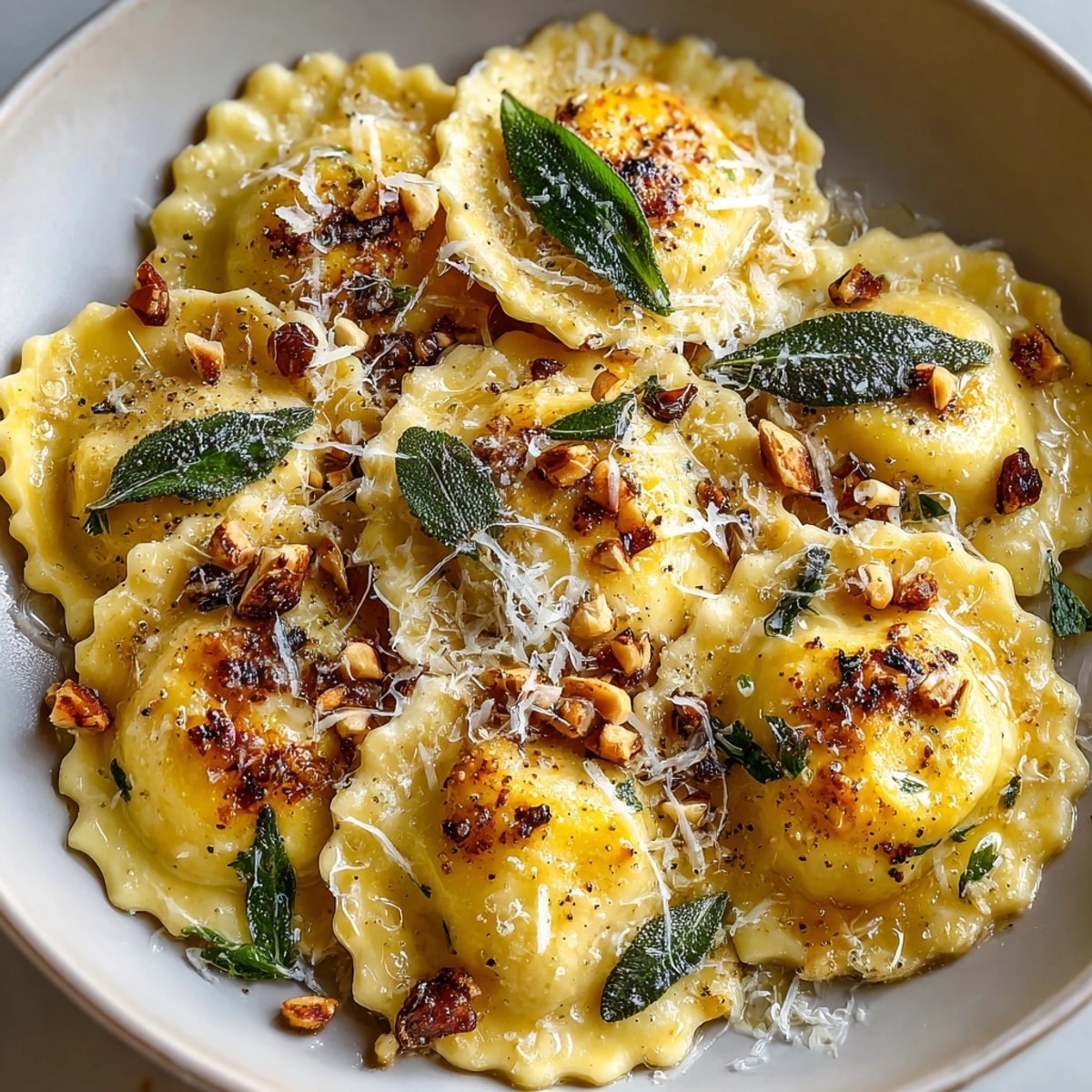 Golden acorn squash ravioli swimming in rich hazelnut brown butter, ready to serve.