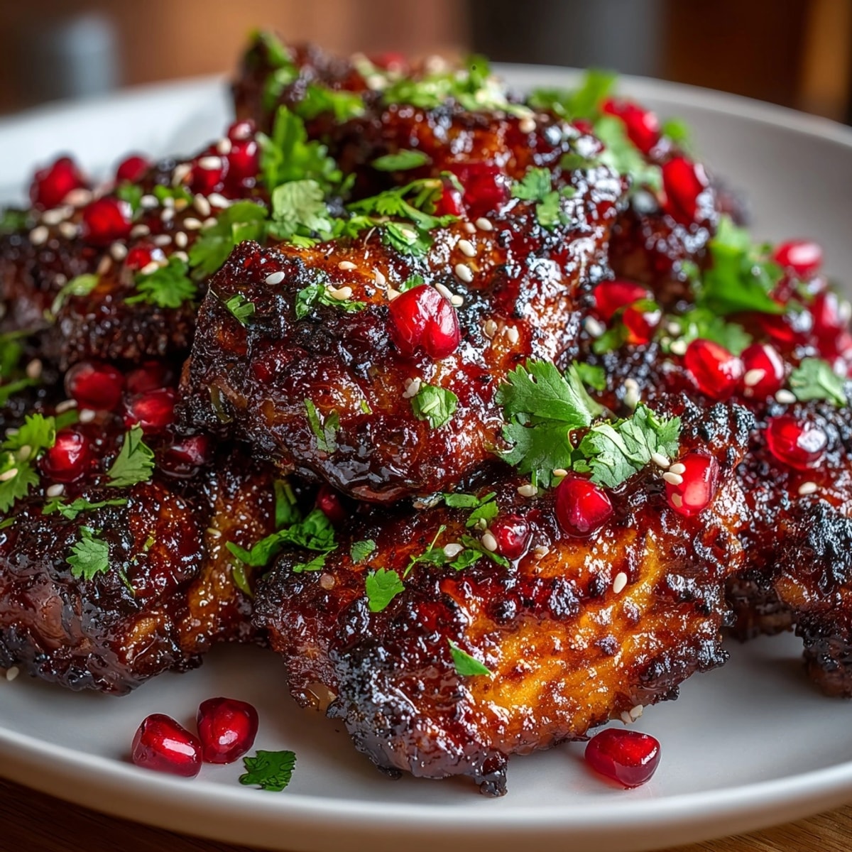 Pomegranate Glazed Chicken Wings served hot with glossy sauce, garnished with cilantro and seeds.