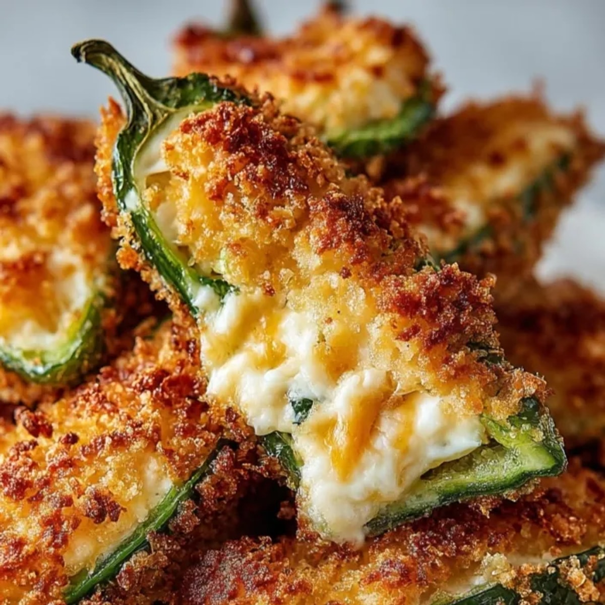 Stuffed Cheese Jalapeño Poppers arranged on a platter, showing crisp golden breadcrumb coating.