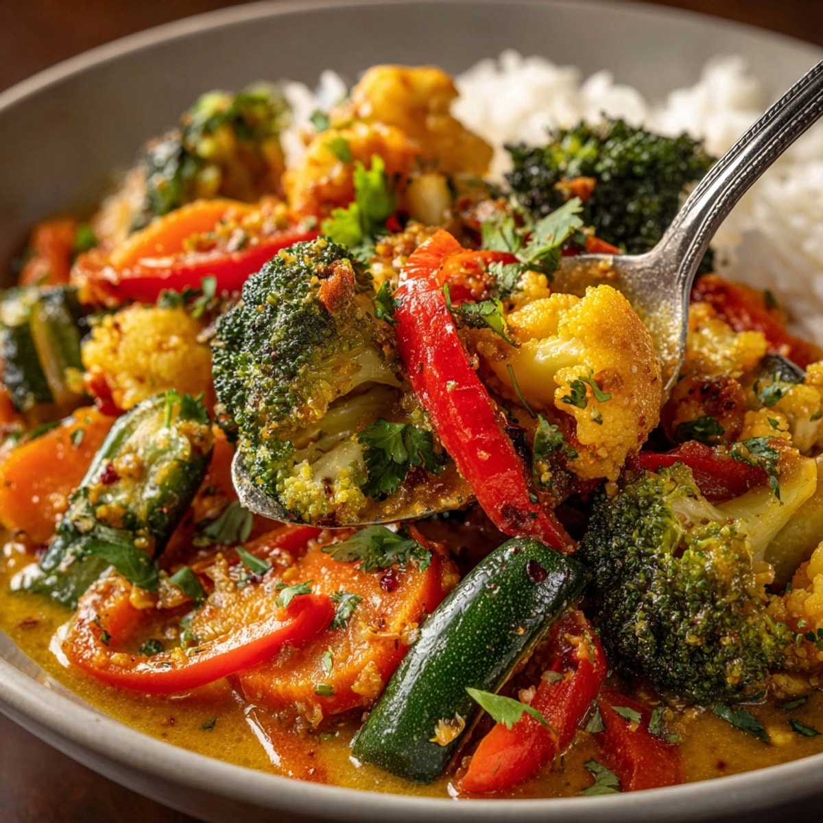 Thai Curry Vegetable Bowl filled with colorful vegetables in creamy coconut curry over jasmine rice
