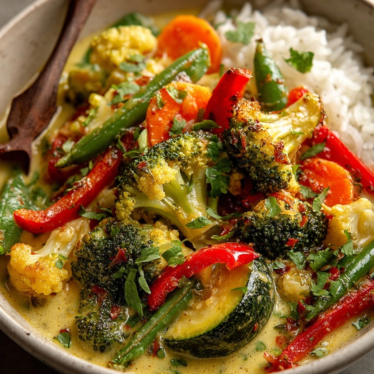 Steaming Thai Curry Vegetable Bowl garnished with cilantro and lime for a vibrant vegan dinner
