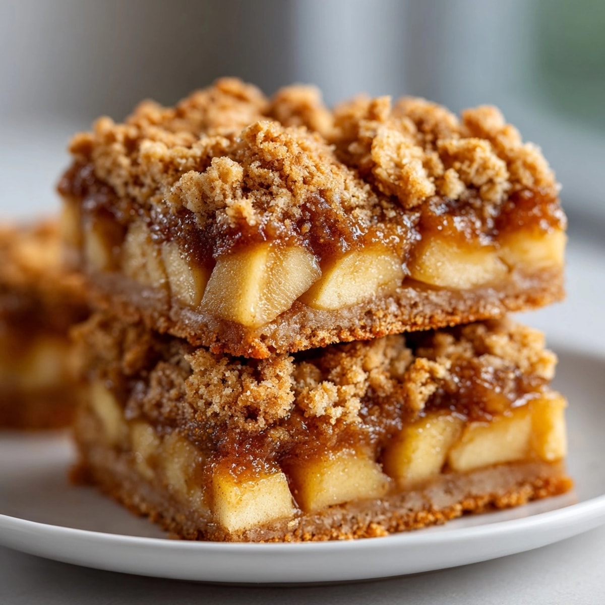 Freshly baked cinnamon apple crisp bars with crumbly oat topping cooling on parchment