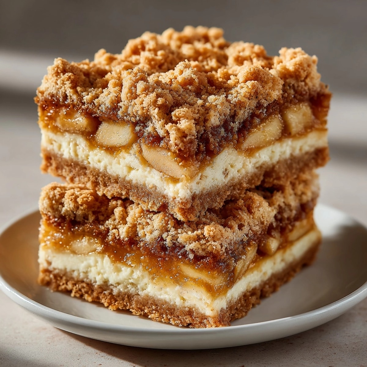 Golden cinnamon apple crisp bars sliced, showing spiced apples and buttery oat crust layers