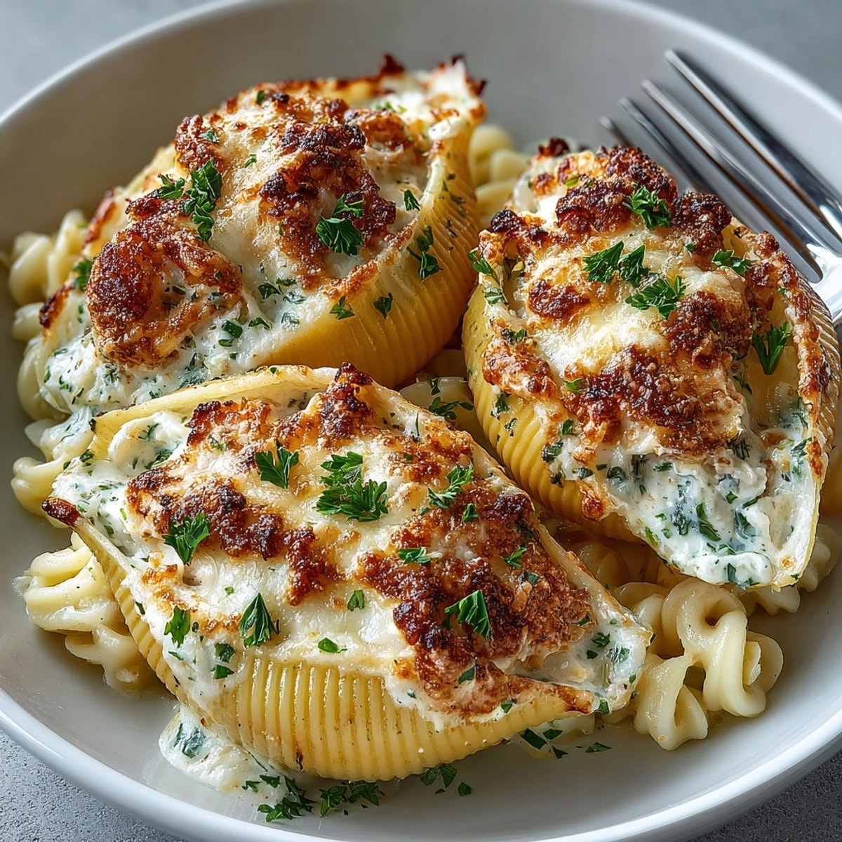 Shrimp Alfredo stuffed shells baked with golden cheese and fresh parsley, bubbling in creamy sauce.