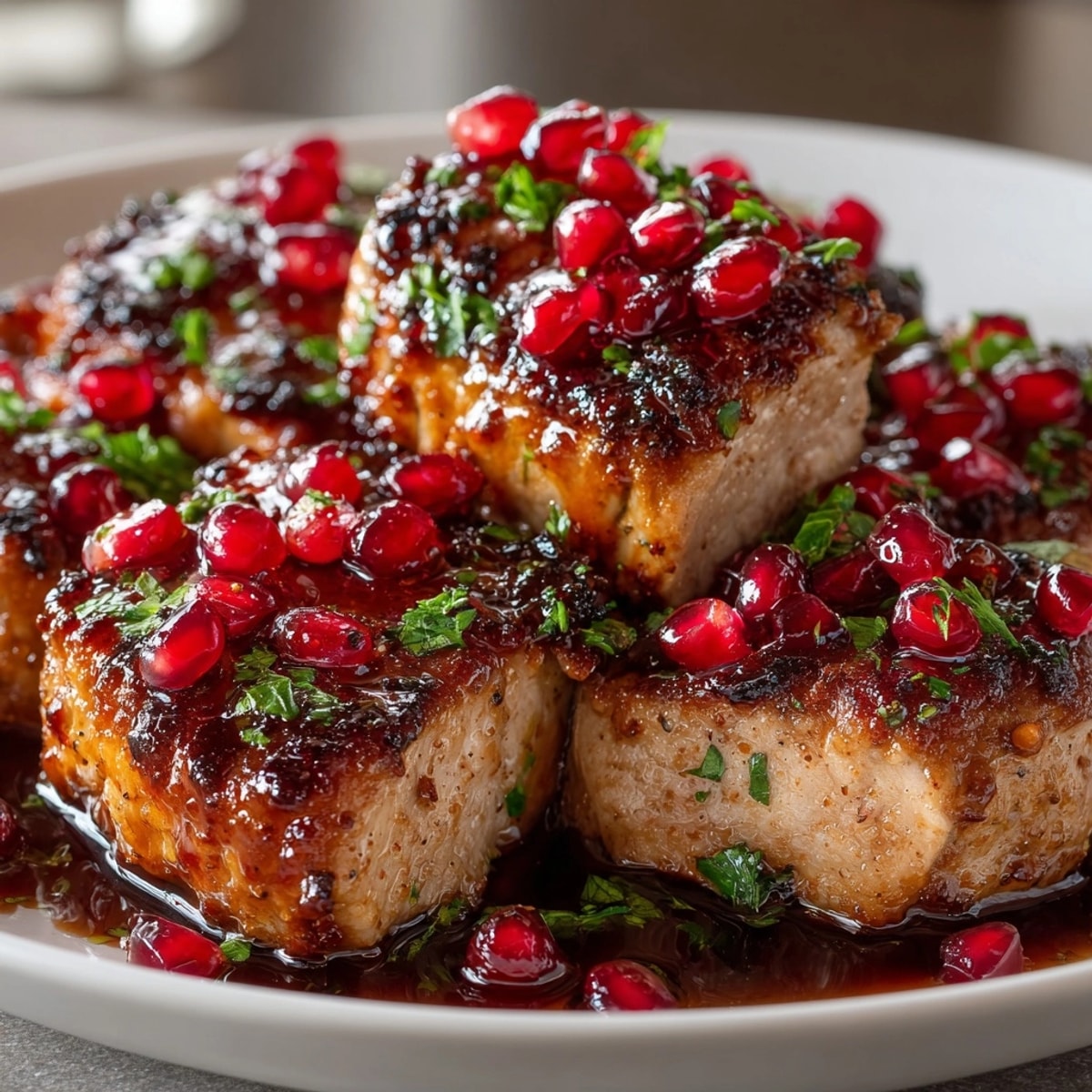 Sliced pomegranate glazed pork tenderloin on a platter, glistening with rich, fruity sauce.