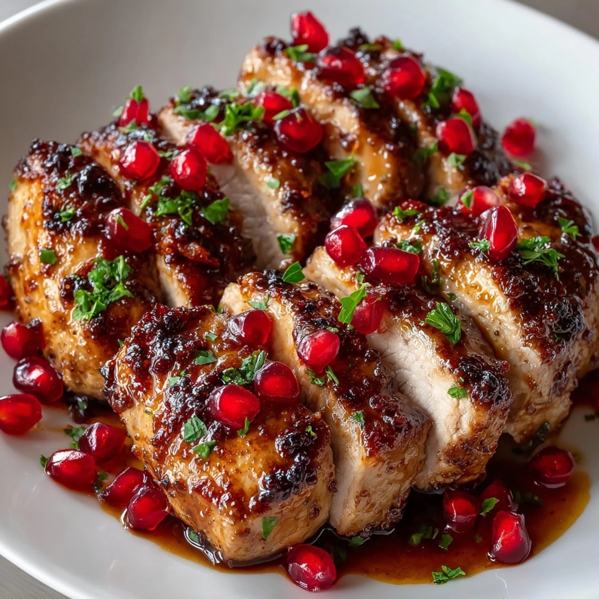 Pomegranate glazed pork tenderloin garnished with fresh arils and parsley, ready for a festive dinner.