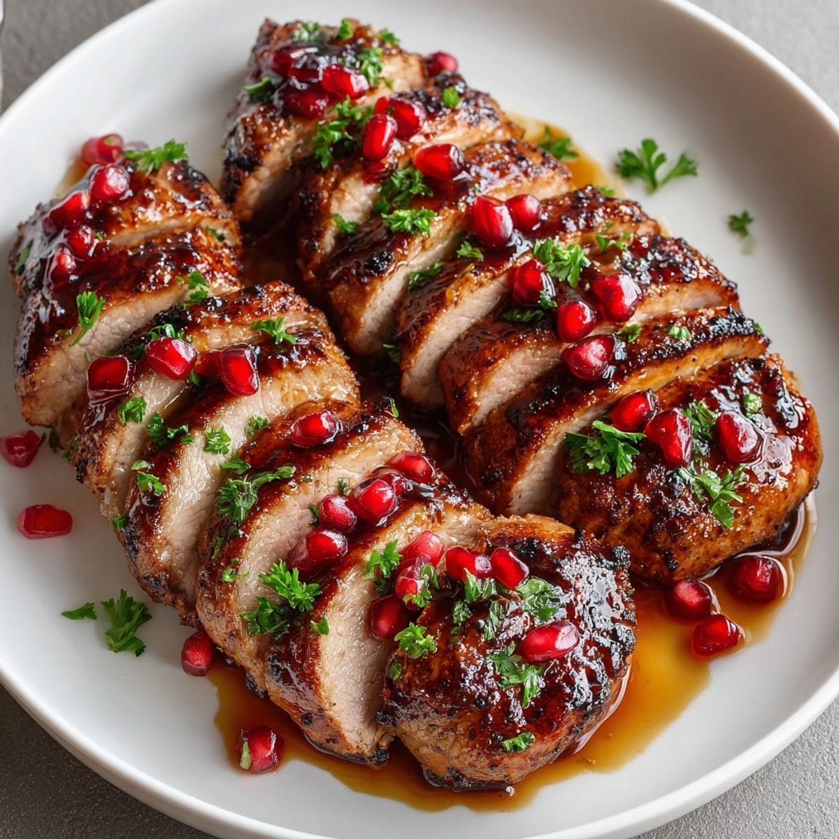 Juicy pork tenderloin coated in sweet-tart pomegranate glaze, served with vibrant seasonal herbs.