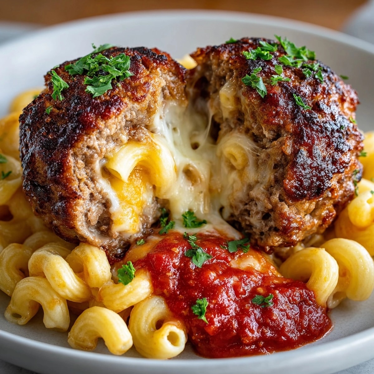 Baked mac and cheese stuffed meatballs oozing creamy cheese, topped with melted mozzarella and parsley.
