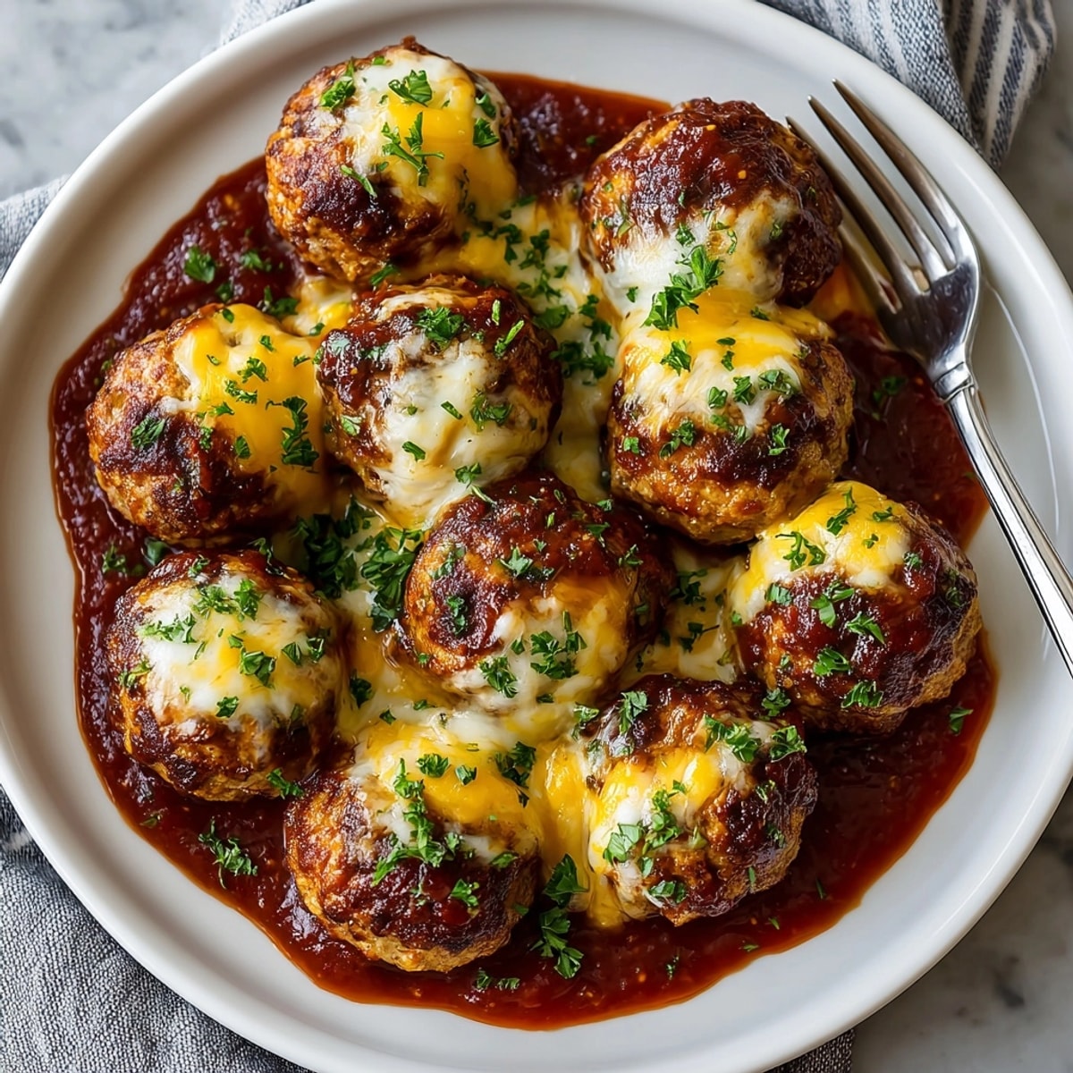 Golden-brown meatballs filled with macaroni and cheese, garnished with fresh parsley for a cozy dinner.