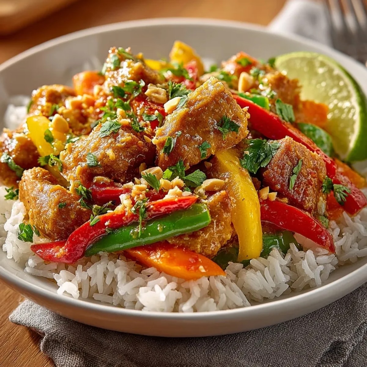 Thai Peanut Chicken Curry served over fluffy jasmine rice, topped with fresh cilantro and lime wedges.