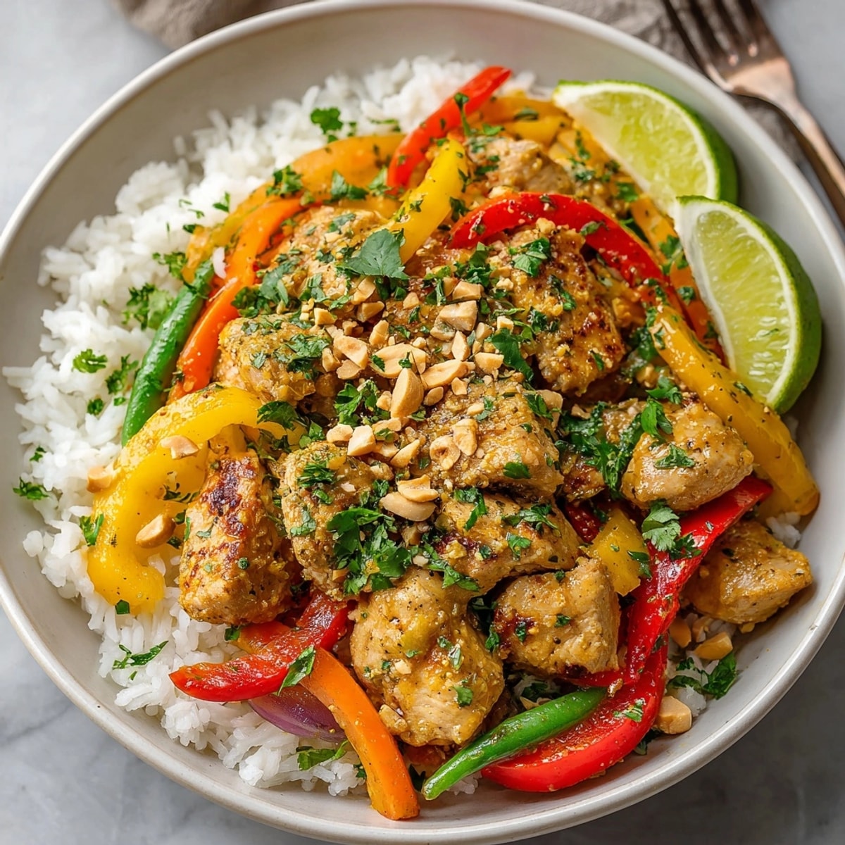 Creamy Thai Peanut Chicken Curry with colorful peppers and snap peas in rich coconut sauce.