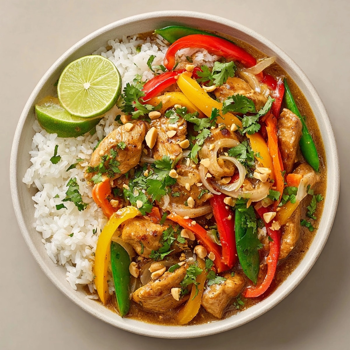 Steaming Thai Peanut Chicken Curry in a wok, garnished with roasted peanuts for extra crunch.