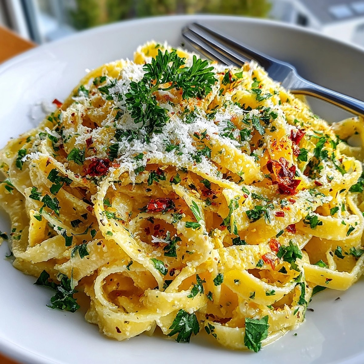 Garlic Butter Parmesan Noodles glistening with fresh parsley and extra cheese, served steaming hot.