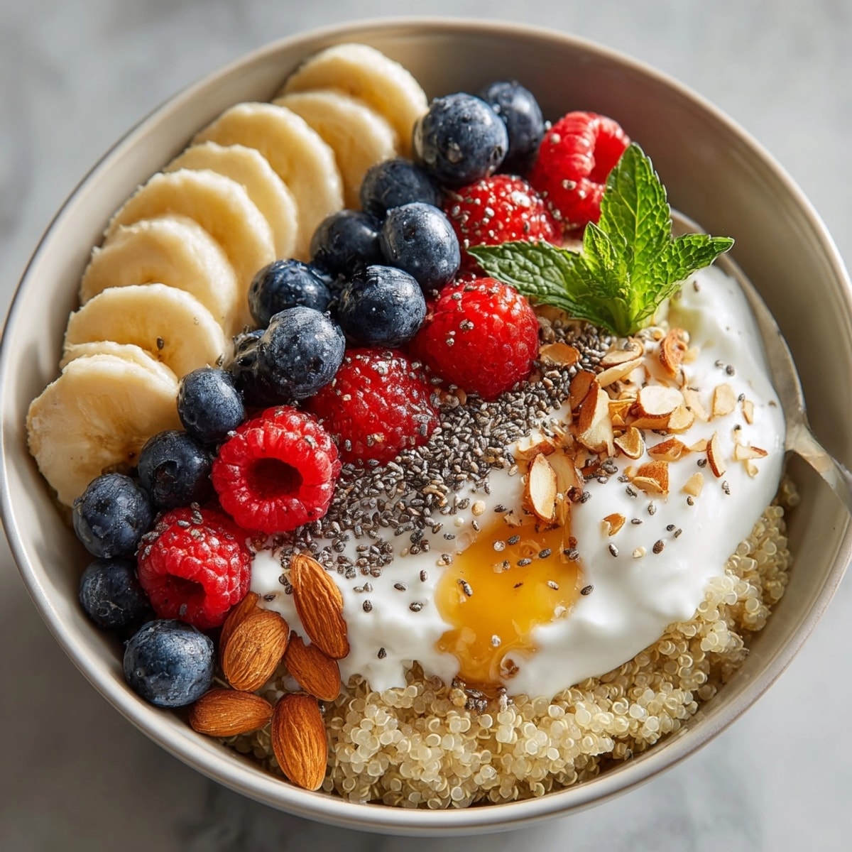 Protein-Rich Quinoa Breakfast Bowl topped with creamy Greek yogurt, fresh berries, and almonds.
