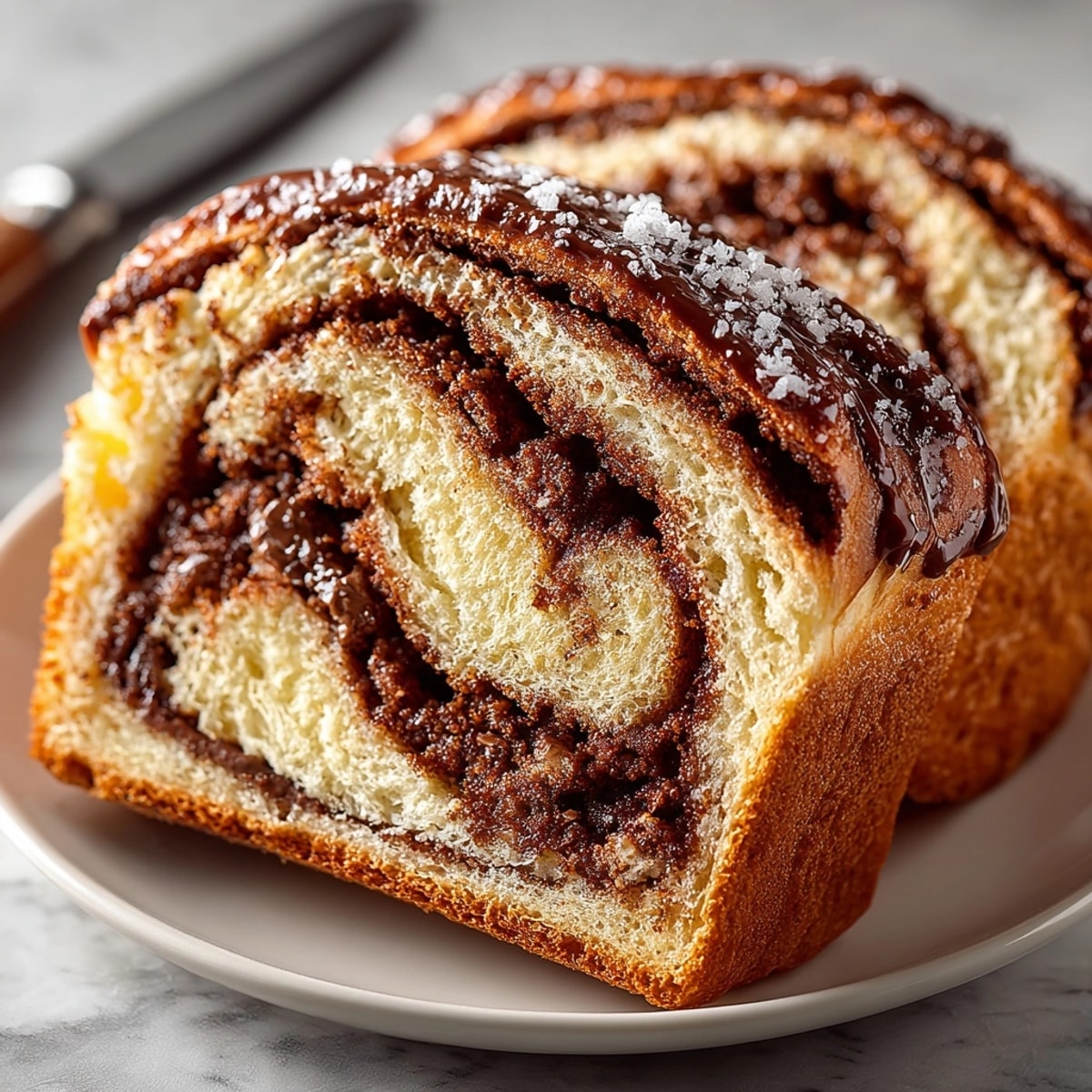 Freshly sliced chocolate cinnamon swirl bread with visible marbled layers and golden crust