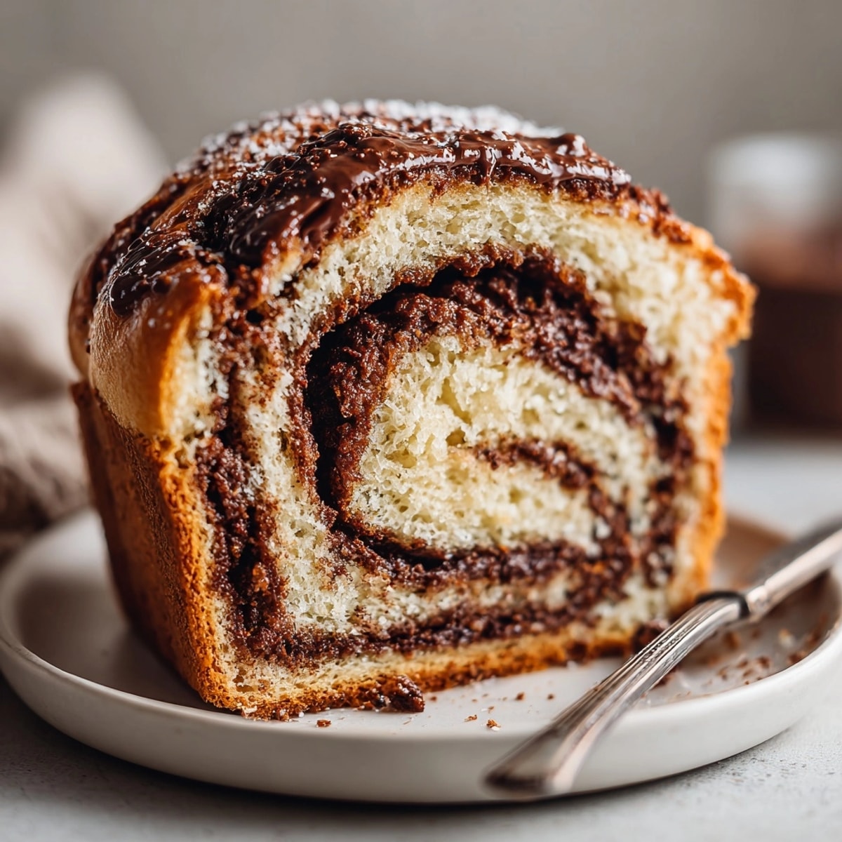 Soft chocolate cinnamon swirl bread slice on a breakfast plate, topped with creamy butter