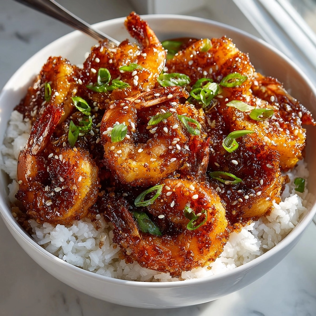 20 Minute Honey Garlic Shrimp & Rice Bowl glistening with sauce, served on steaming rice and topped with green onions.