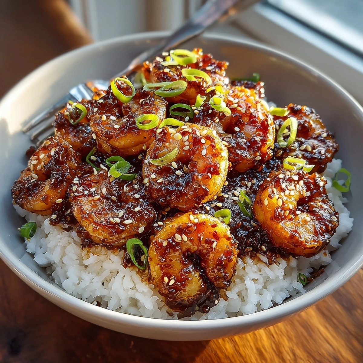 Freshly cooked 20 Minute Honey Garlic Shrimp &amp; Rice Bowl garnished with sesame seeds, ready for a quick dinner.