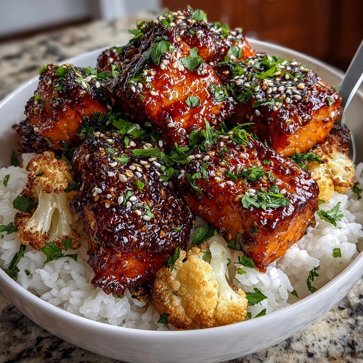 Sriracha Honey Salmon Bowls featuring caramelized salmon on fluffy jasmine rice with vibrant roasted cauliflower.