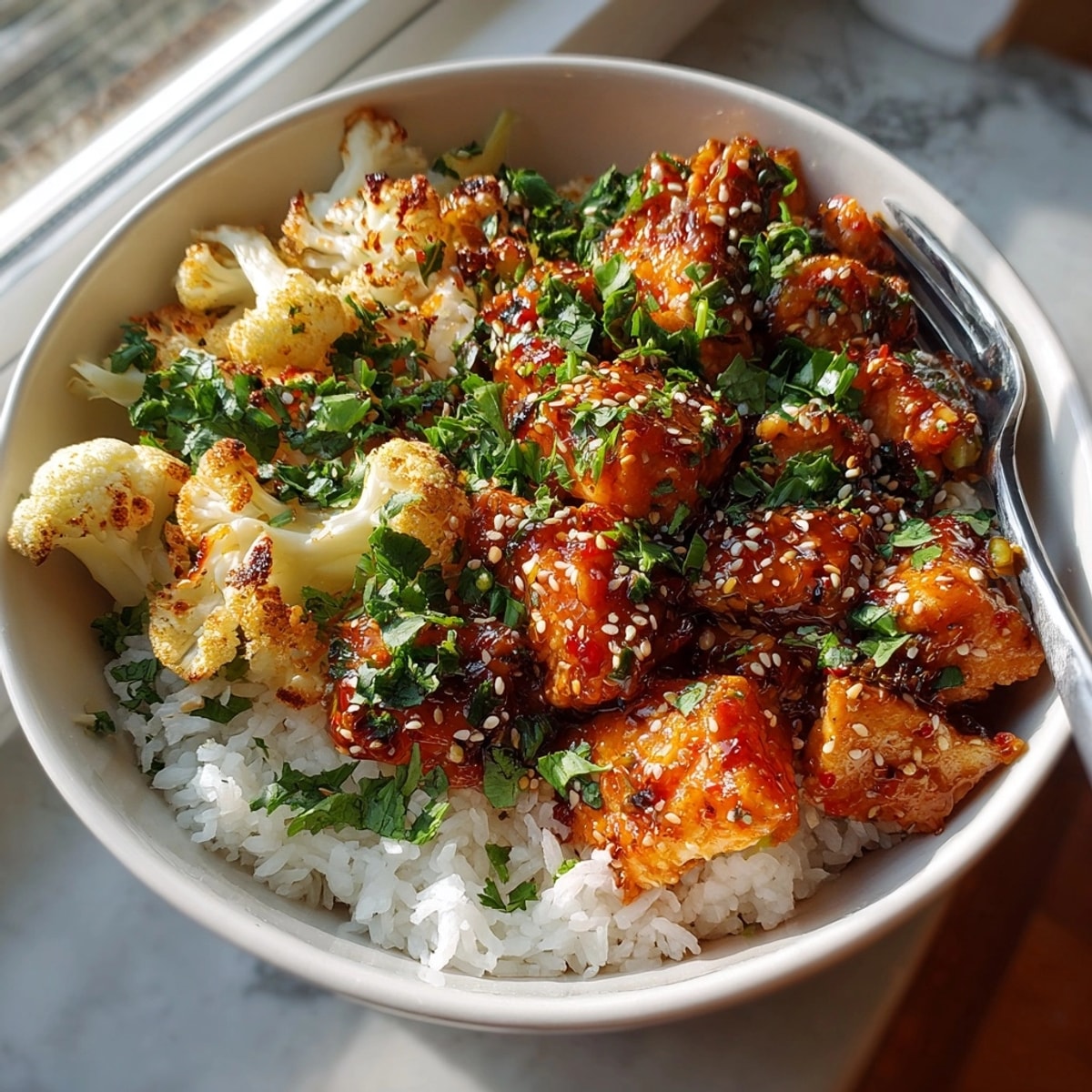 Colorful Sriracha Honey Salmon Bowls topped with sesame seeds, fresh herbs, and glistening sweet-spicy glaze.