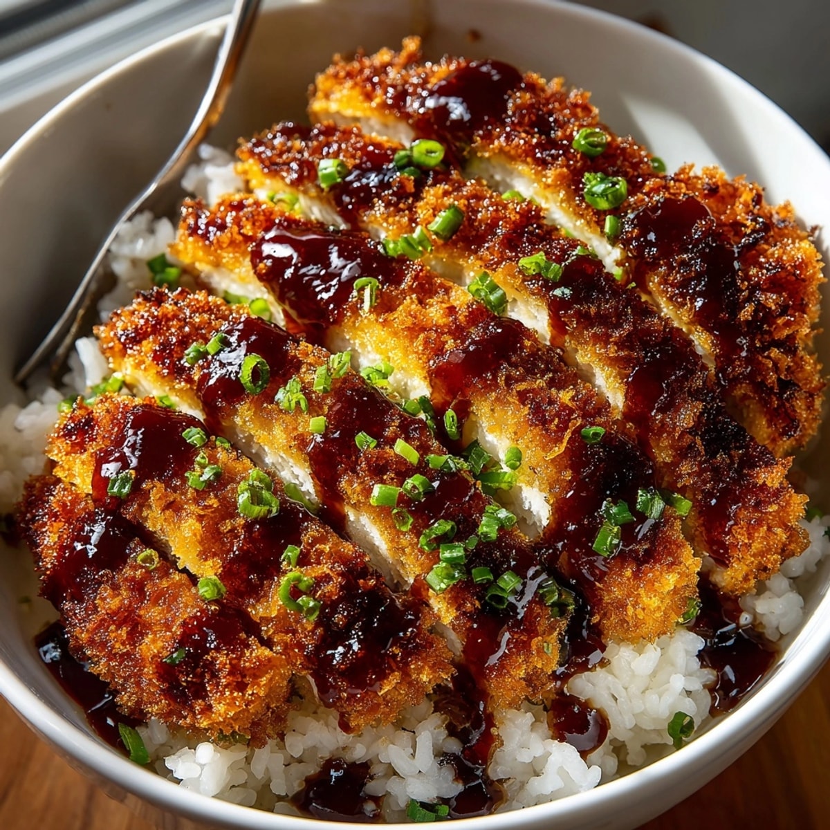 Japanese Katsu Bowls with Tonkatsu Sauce featuring crispy cutlets on fluffy rice, drizzled and garnished.