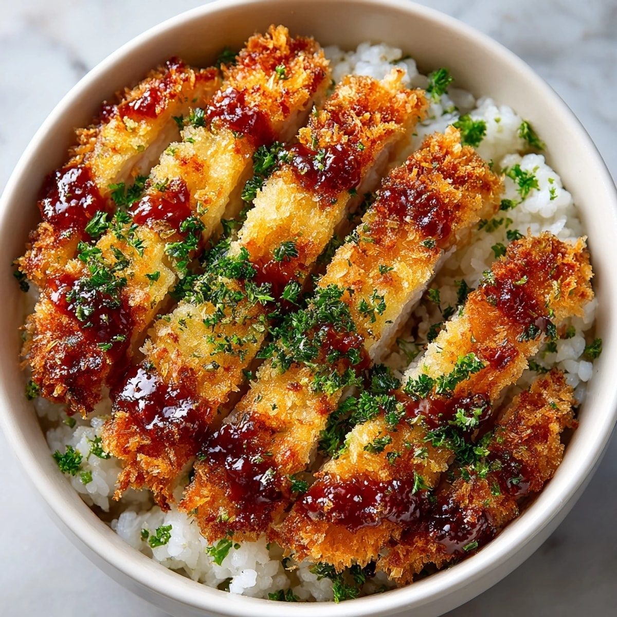 Freshly fried Japanese katsu bowl served hot, topped with tonkatsu sauce and green onions.