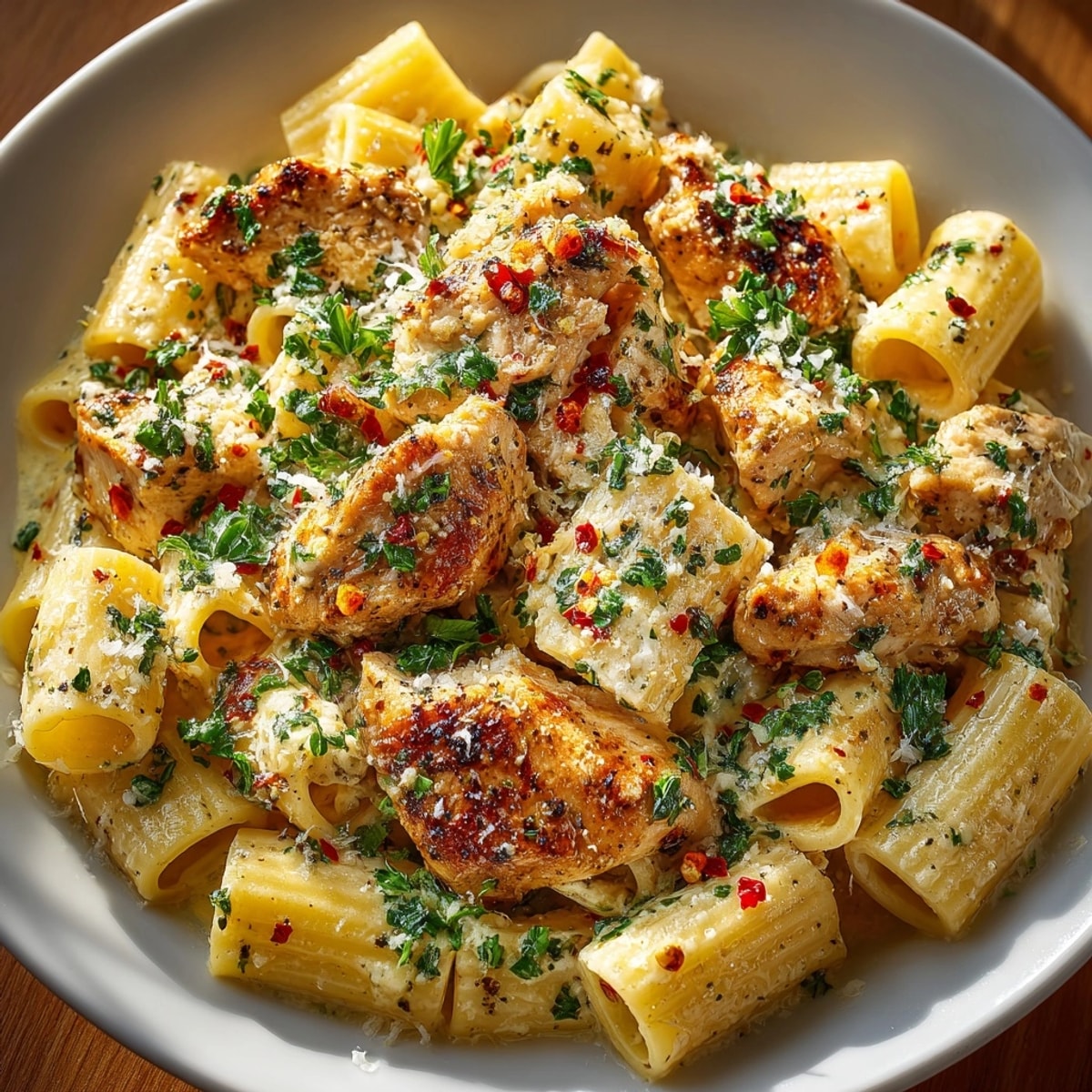 Garlic Butter Chicken with Rigatoni and Parmesan topped with melted cheese and fresh parsley garnish