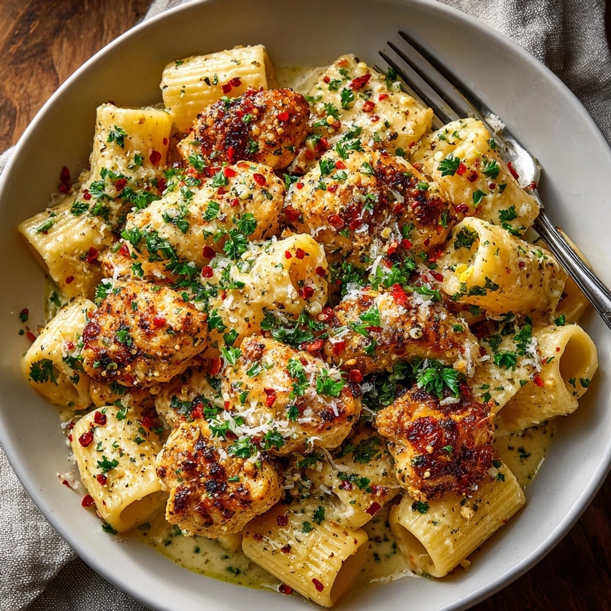 Creamy Garlic Butter Chicken with Rigatoni and Parmesan served in a cozy weeknight dinner setting