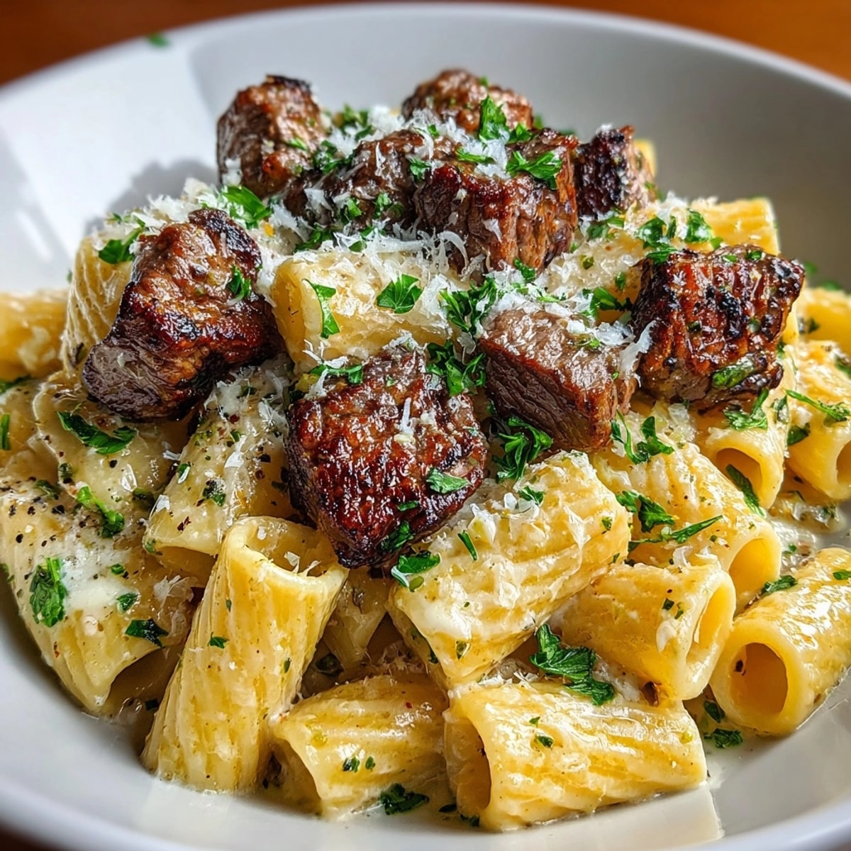 Garlic Butter Steak Parmesan Rigatoni served in a creamy sauce, garnished with fresh parsley.