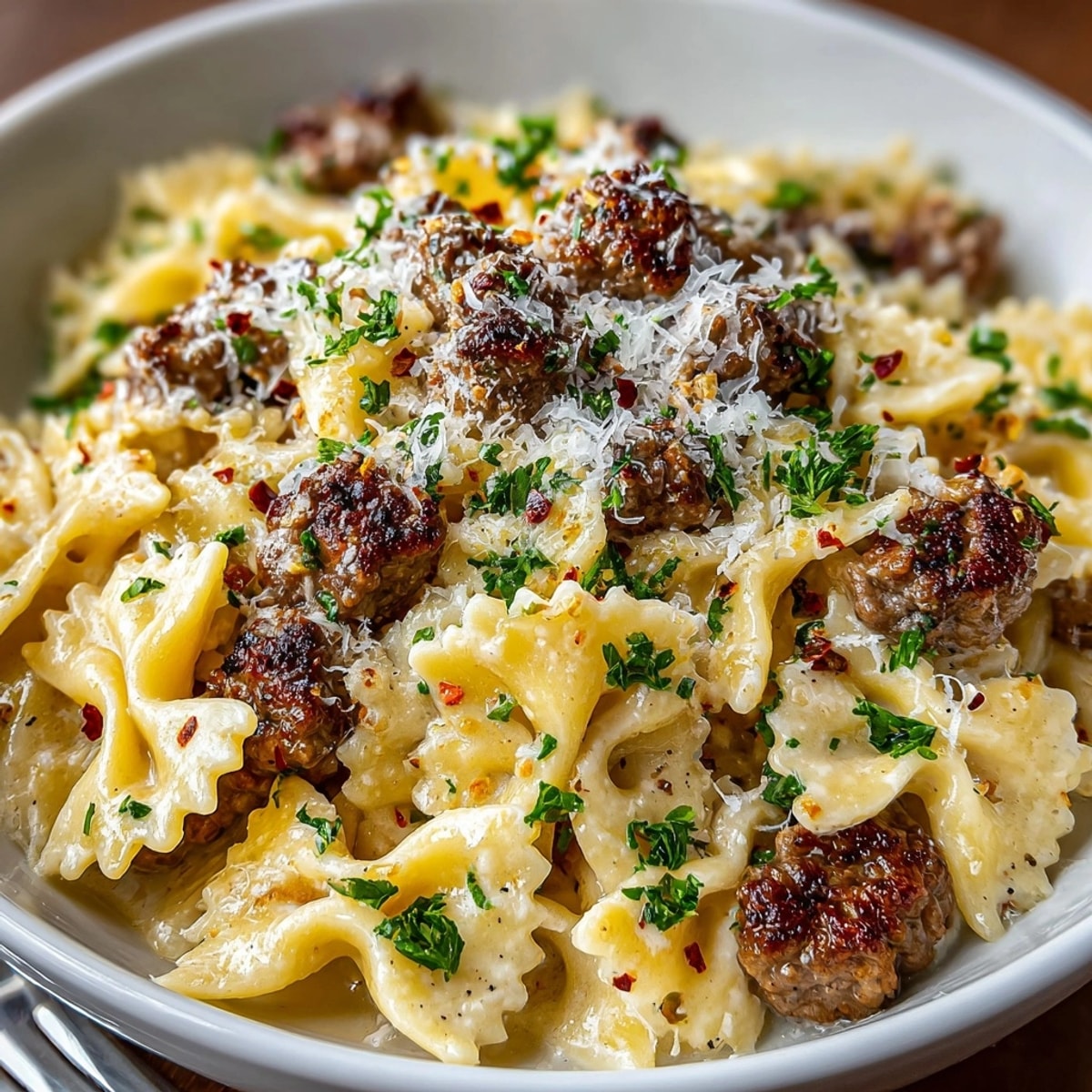 Beef and Bowtie Pasta with Alfredo Sauce served hot, coated in rich, creamy sauce.