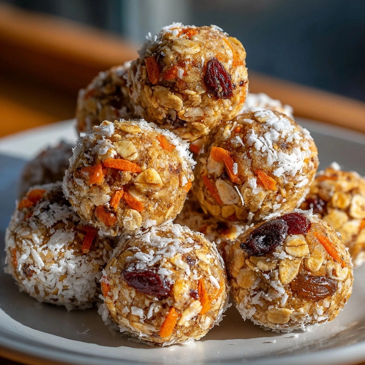 Carrot Cake Energy Balls displayed on a white plate, highlighting their moist, spiced texture for breakfast.