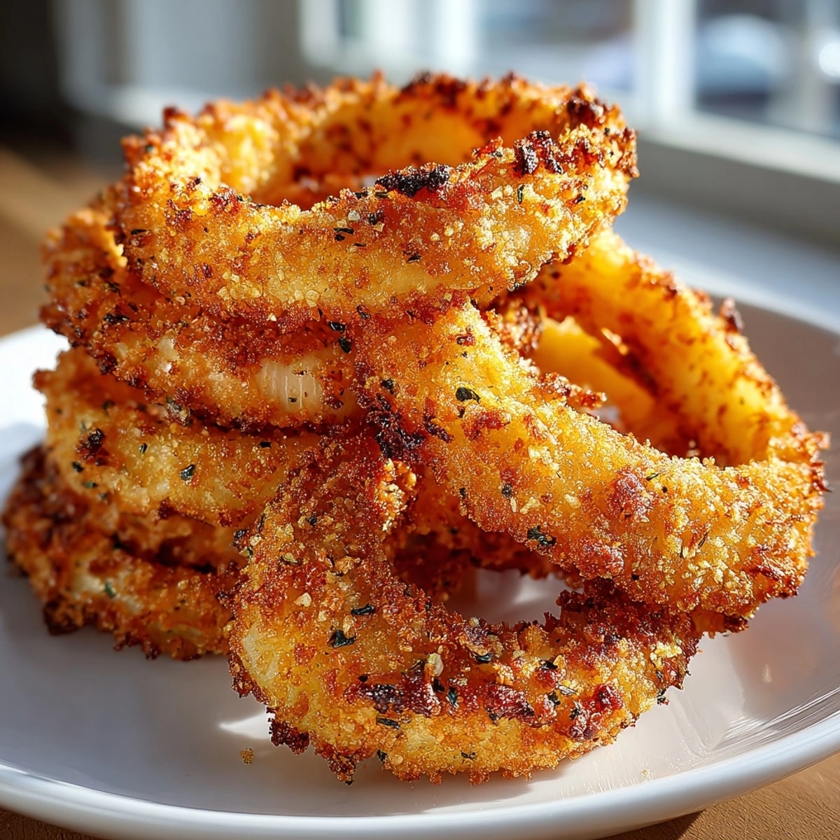 Crispy air fryer onion rings served hot with ranch dipping sauce on the side.