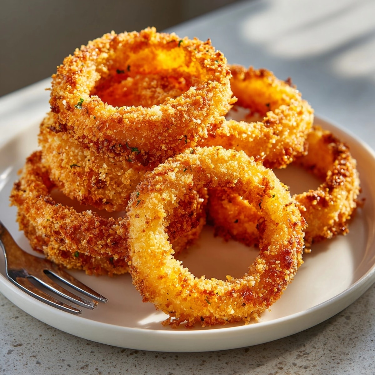 Golden air fryer onion rings stacked on a platter, their crunchy coating glistening.