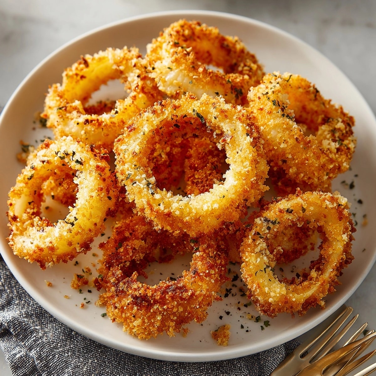 Freshly cooked air fryer onion rings with panko crust, perfect for game day snacking.
