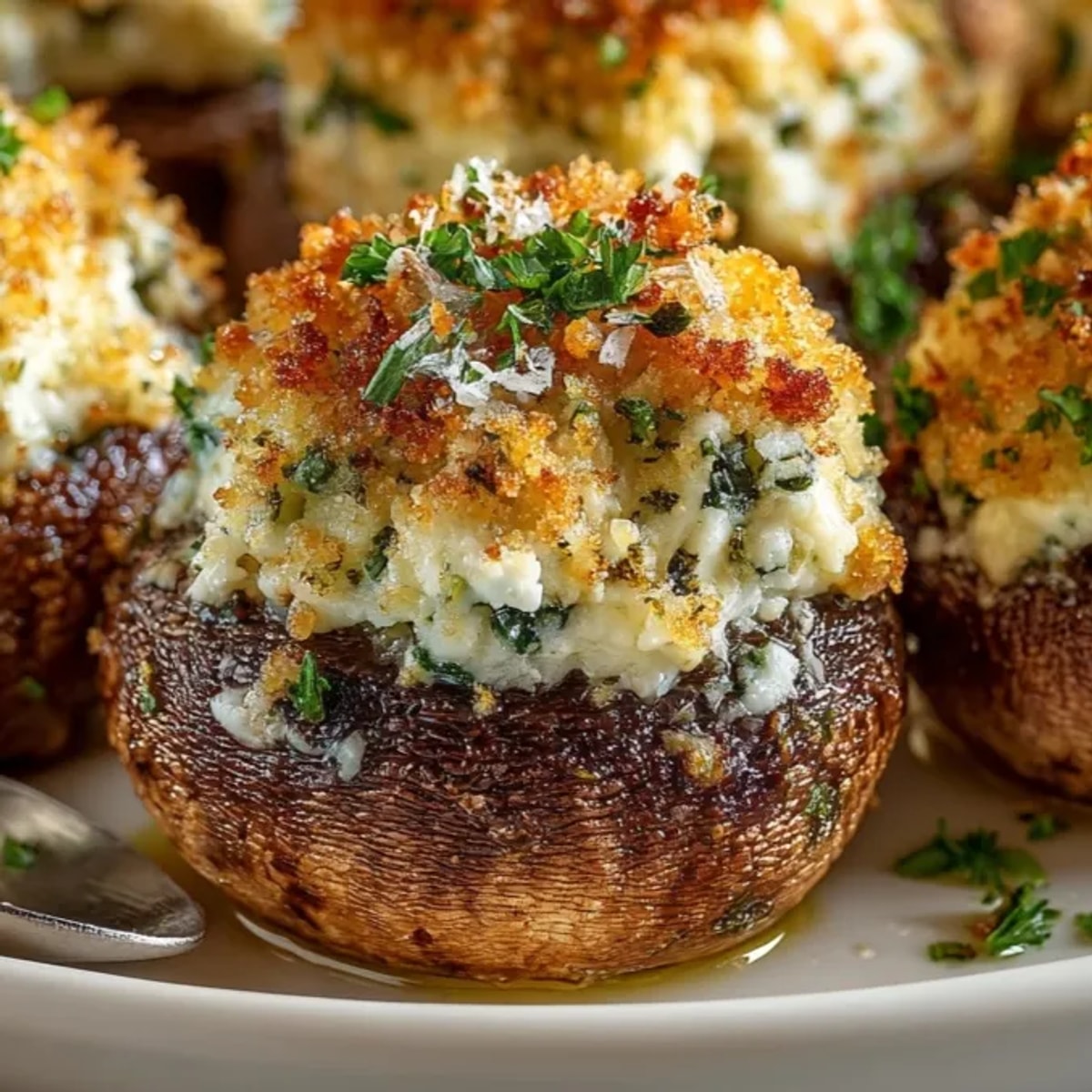Air fryer stuffed mushrooms with golden, cheesy filling, served warm as a savory appetizer.