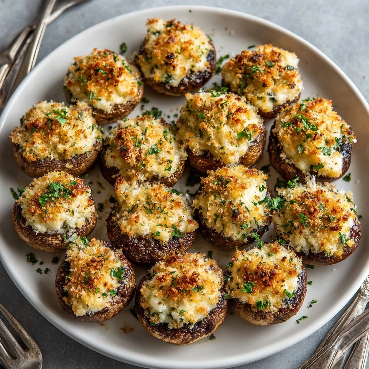 Close-up of vegetarian air fryer stuffed mushrooms, melty cheese bubbling atop tender mushroom caps.