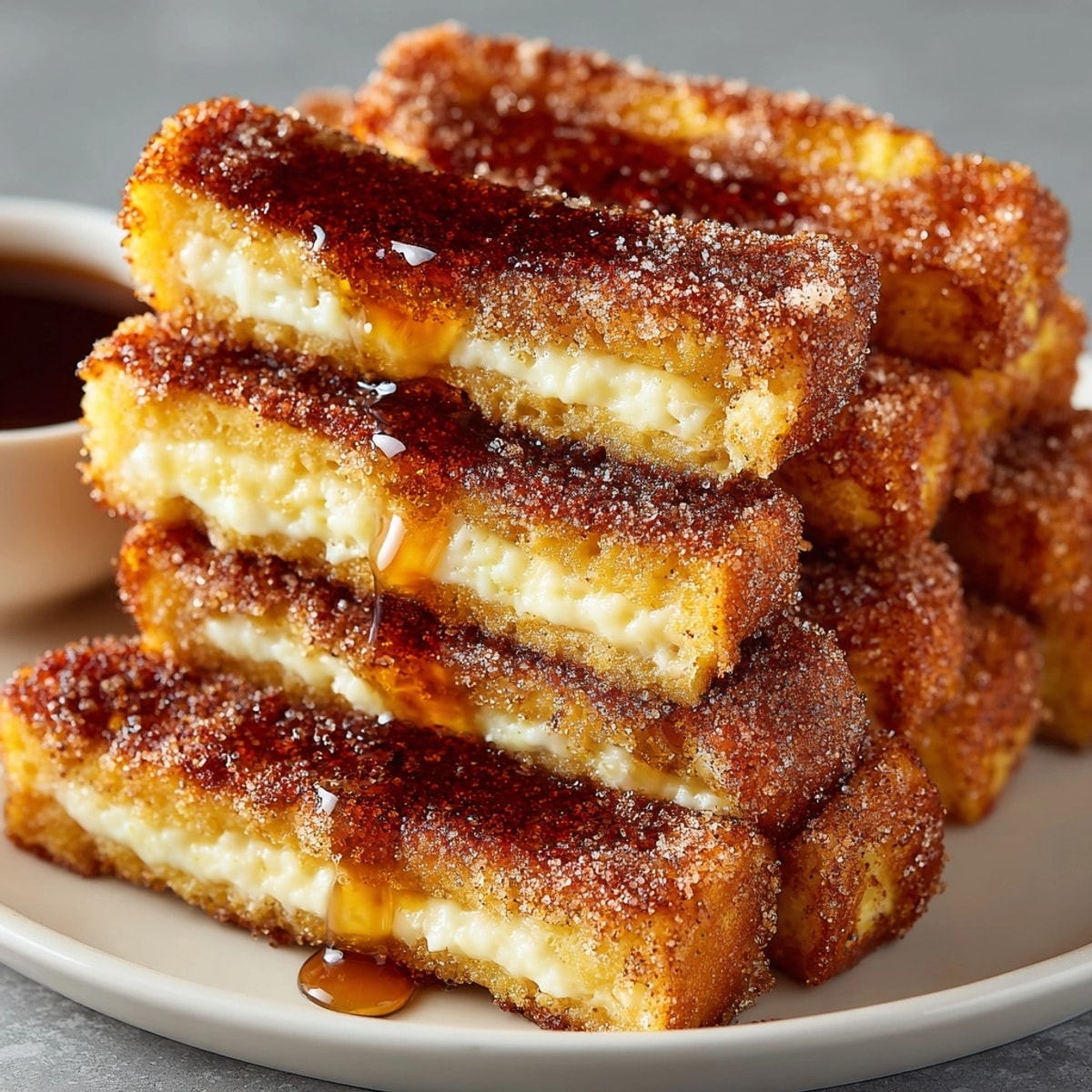 Golden, crispy air fryer French toast sticks stacked beside a ramekin of warm maple syrup.
