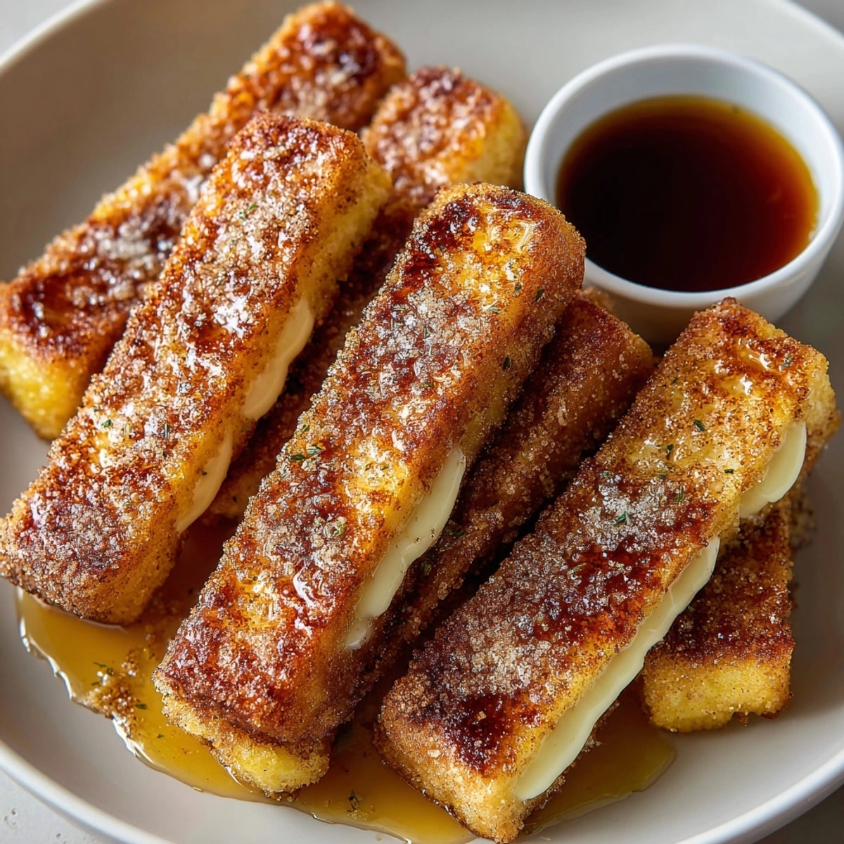Cinnamon sugar-dusted air fryer French toast sticks arranged on a plate for an inviting brunch.