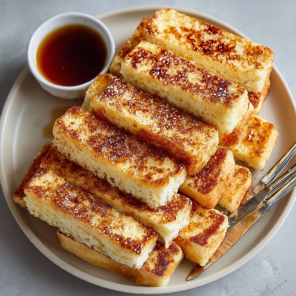 Air fryer French toast sticks with a soft, custardy center shown fresh from the basket, ready to serve.