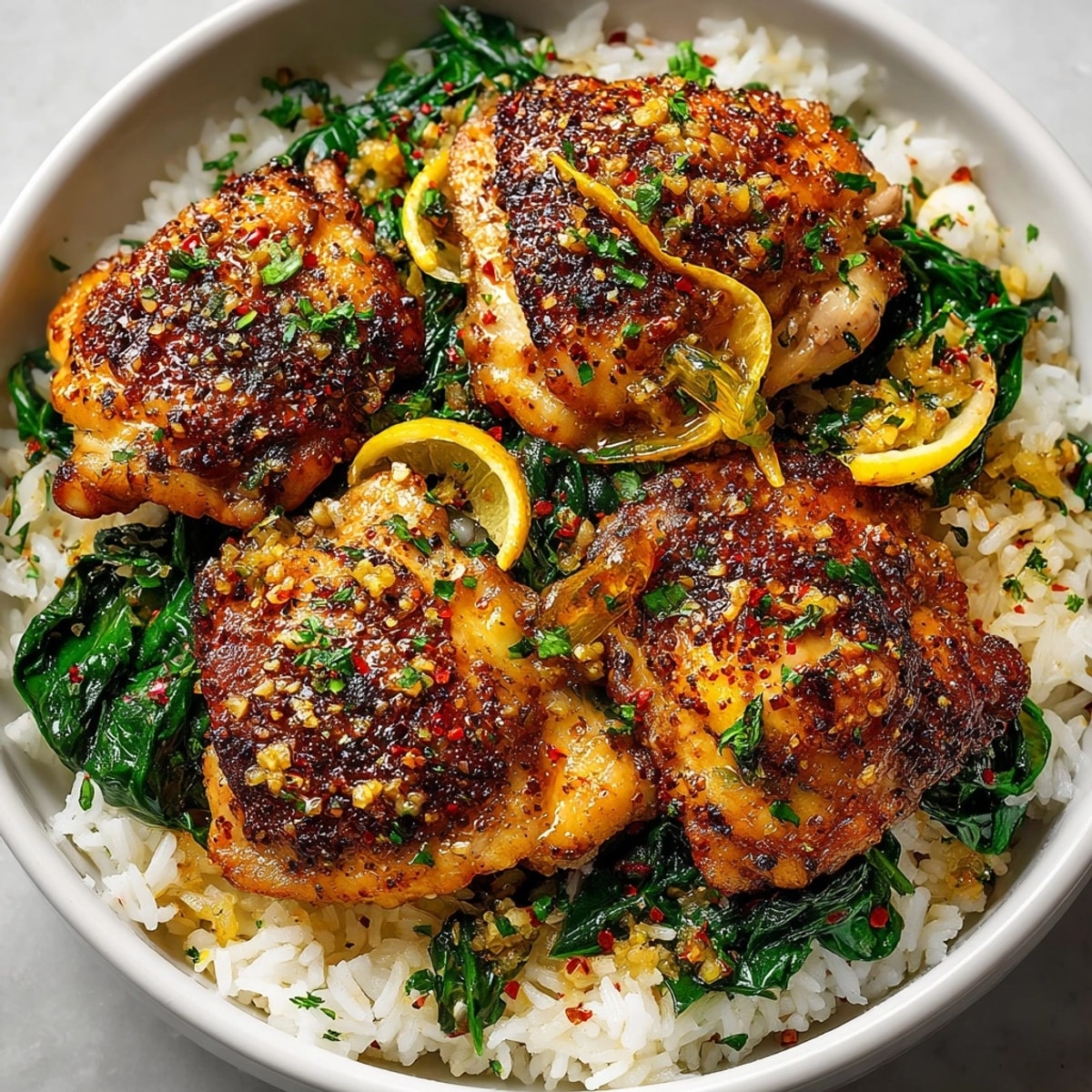 Juicy Garlic Herb Chicken and Rice Skillet served in one pan with fresh parsley garnish.