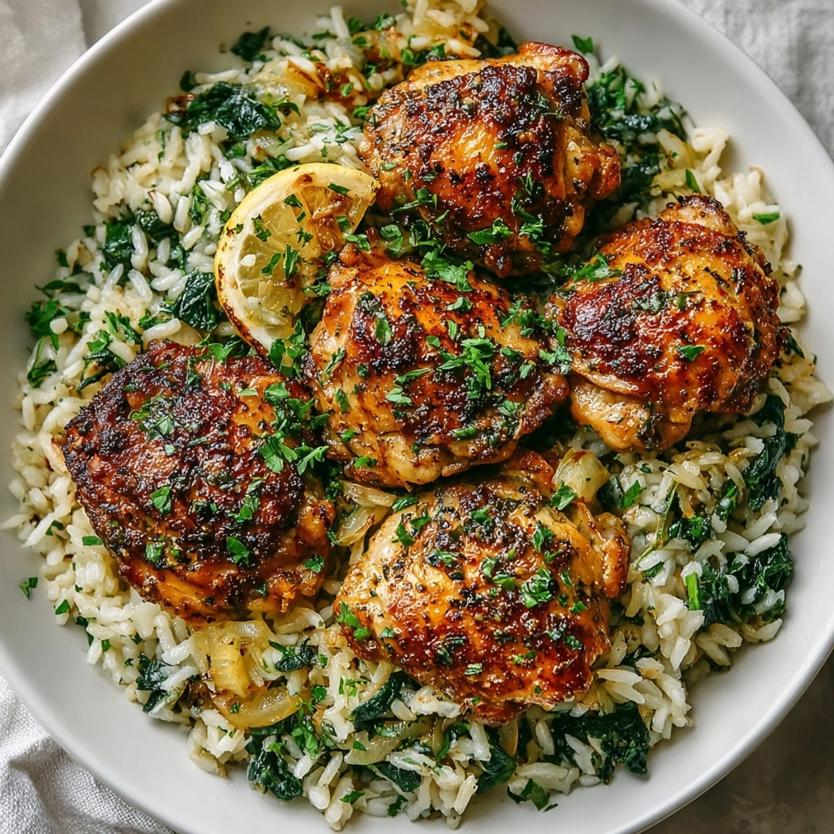 Homemade Garlic Herb Chicken and Rice Skillet featuring aromatic herbs and vibrant lemon zest for flavor.
