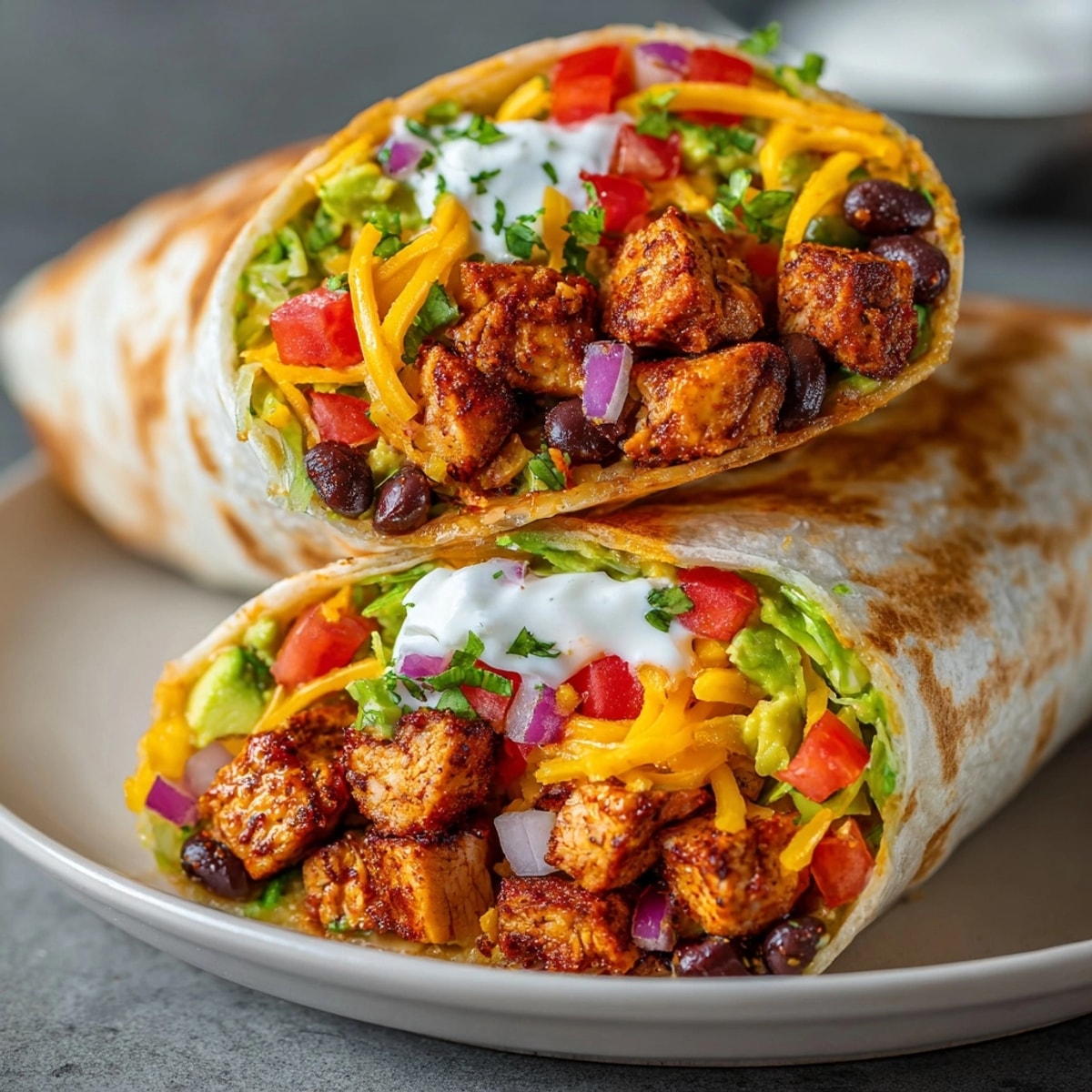 Cajun Black Bean Chicken Burritos sliced and filled with juicy chicken, beans, and fresh toppings.