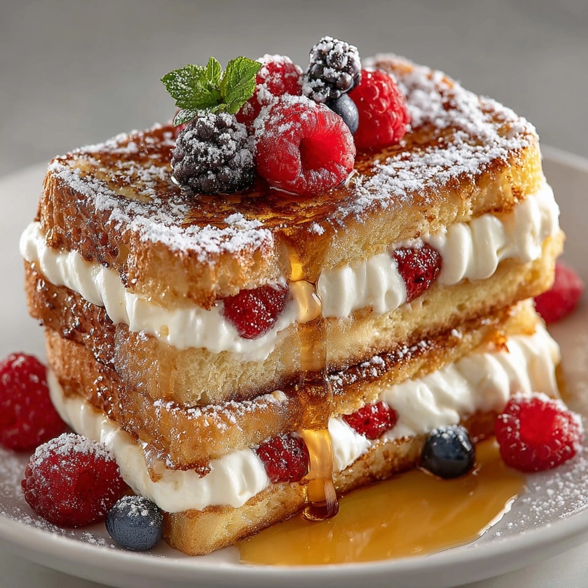 Golden ricotta lemon French toast sticks stacked on a plate, dusted with powdered sugar.