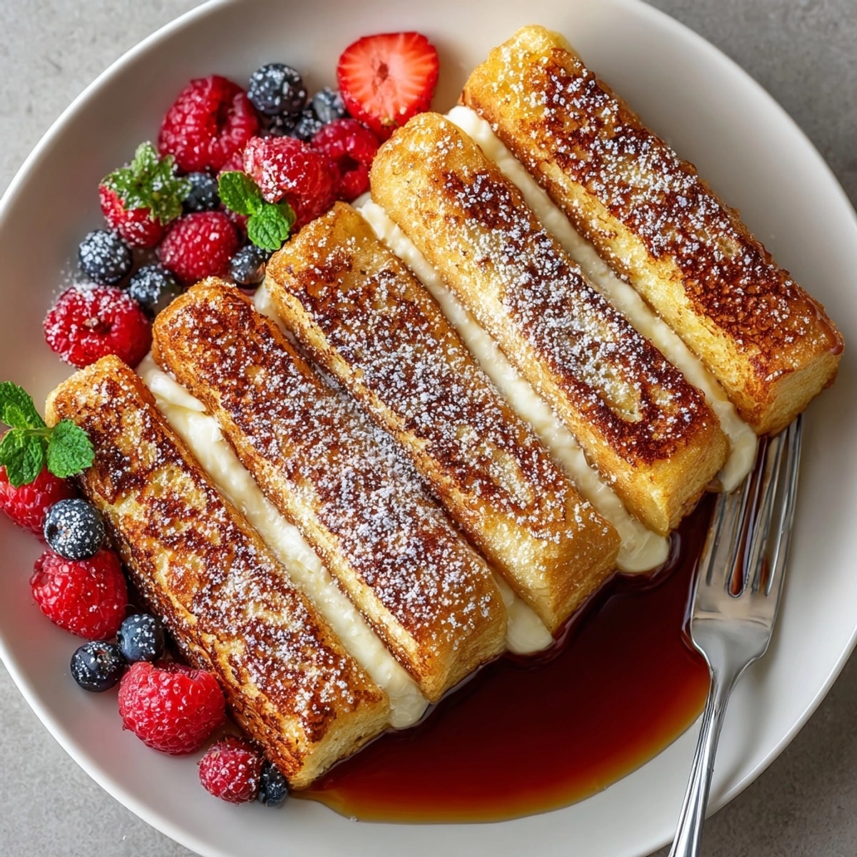 Crispy-edged ricotta lemon French toast sticks sizzling in a skillet for a cozy breakfast.