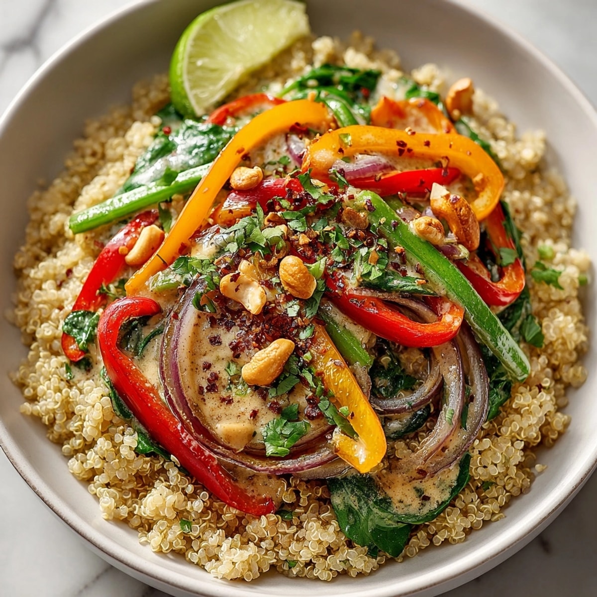 Thai Curry Quinoa Bowls served in a white bowl, topped with fresh herbs and lime.