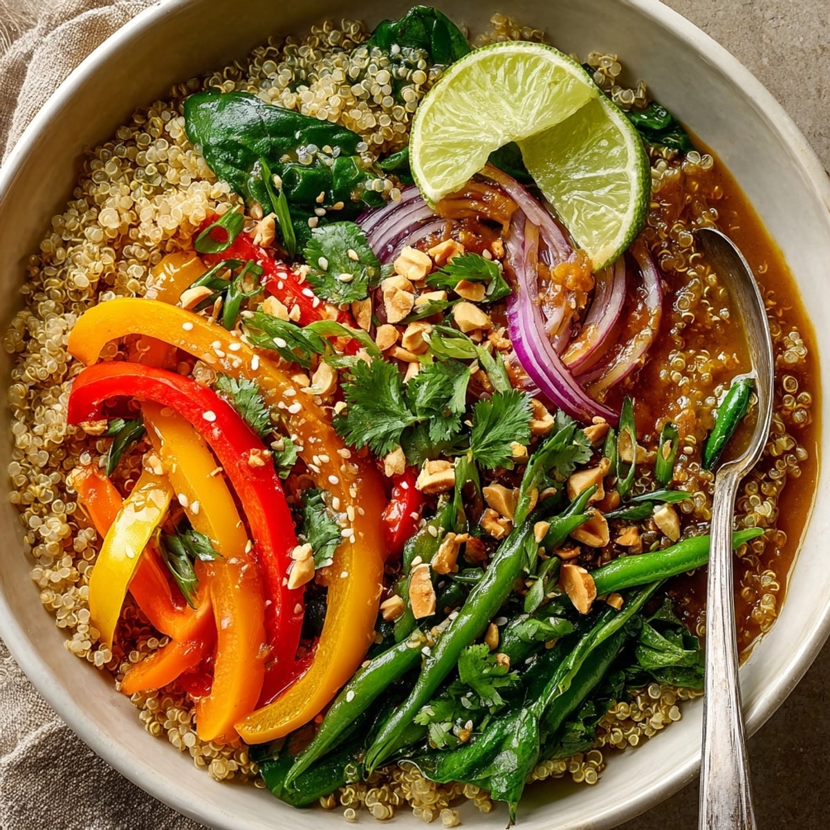 Close-up of colorful Thai Curry Quinoa Bowls with creamy curry sauce over vibrant vegetables.