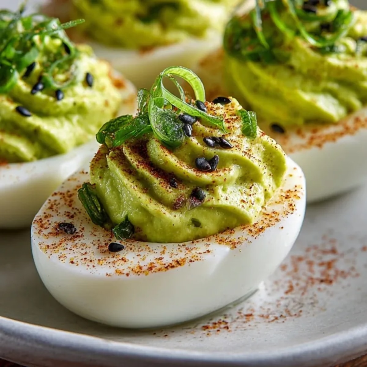 Vibrant green Ghastly Green Deviled Eggs, filled with spicy wasabi, garnished with fresh chives.