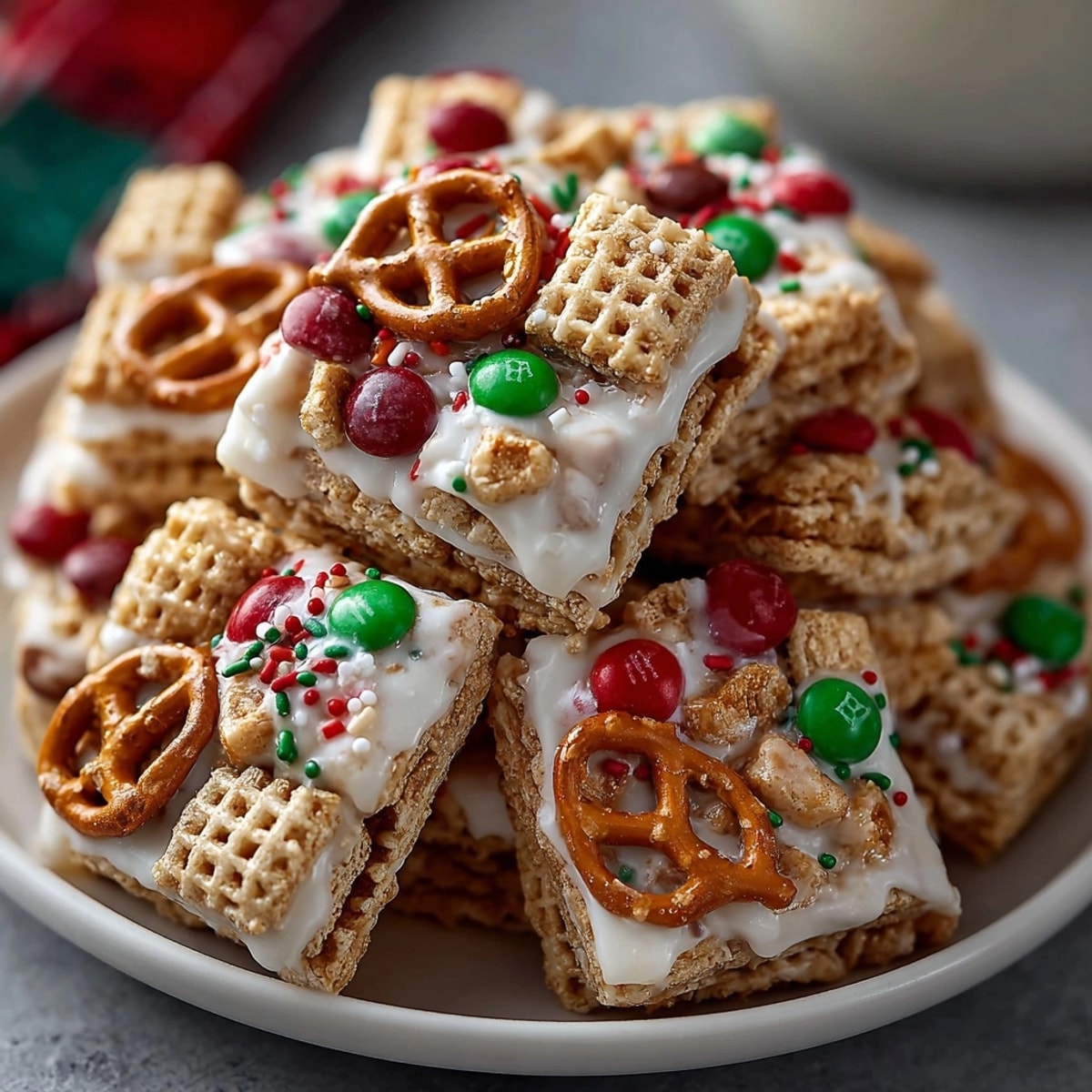 Close-up of crunchy White Chocolate Holiday Chex Mix with festive red-green M&Ms.