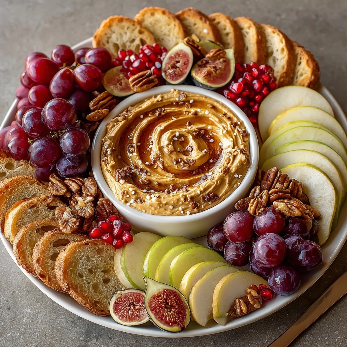 Golden Pumpkin Spice Butter Board swirled with autumn fruits and crunchy nuts, ready to serve.