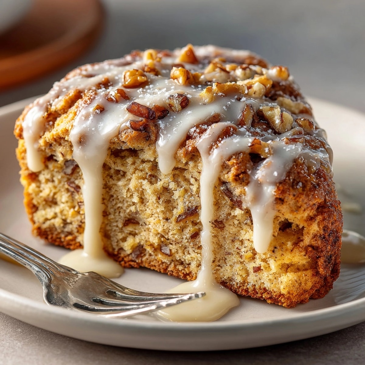 Golden-brown Maple Walnut Scones with Cinnamon Icing, warm and inviting on a wire rack.